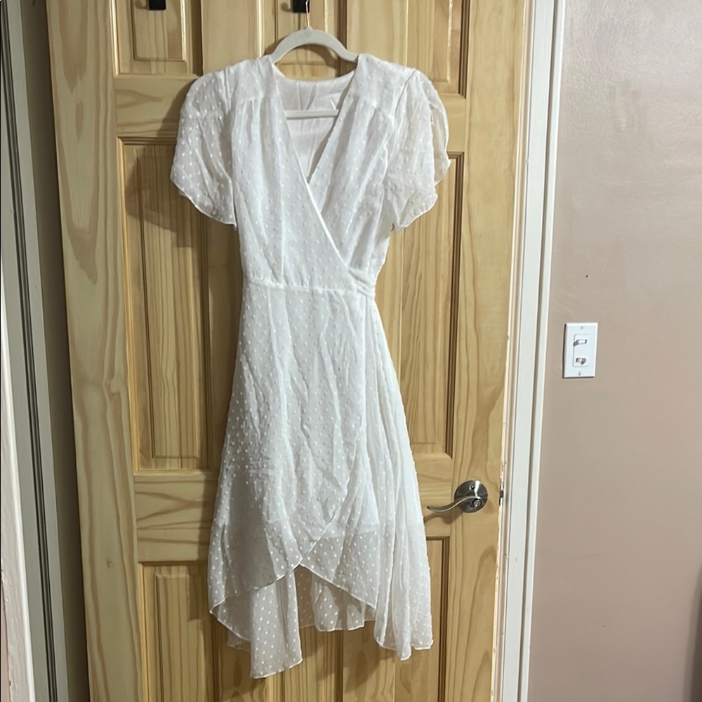 SHEIN White High-Low Wrap Sundress with Puff Sleeves